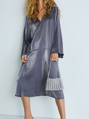 H&M Shimmering Metallic Grey Midi Dress, Size Small